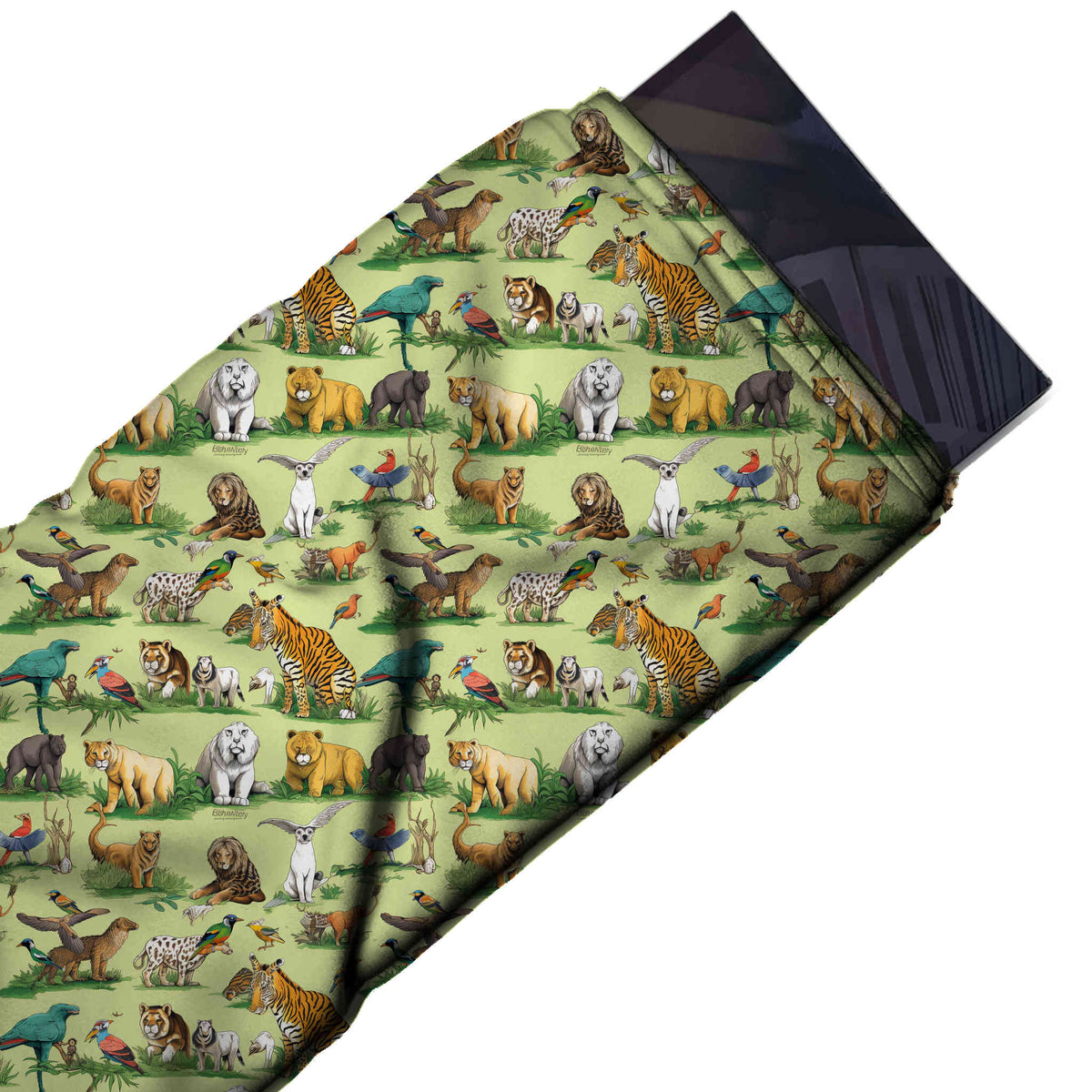 Flat fabric swatch: one-way print of shaded illustrated tigers, brown and white bears, design Design No_3902, Clothwala