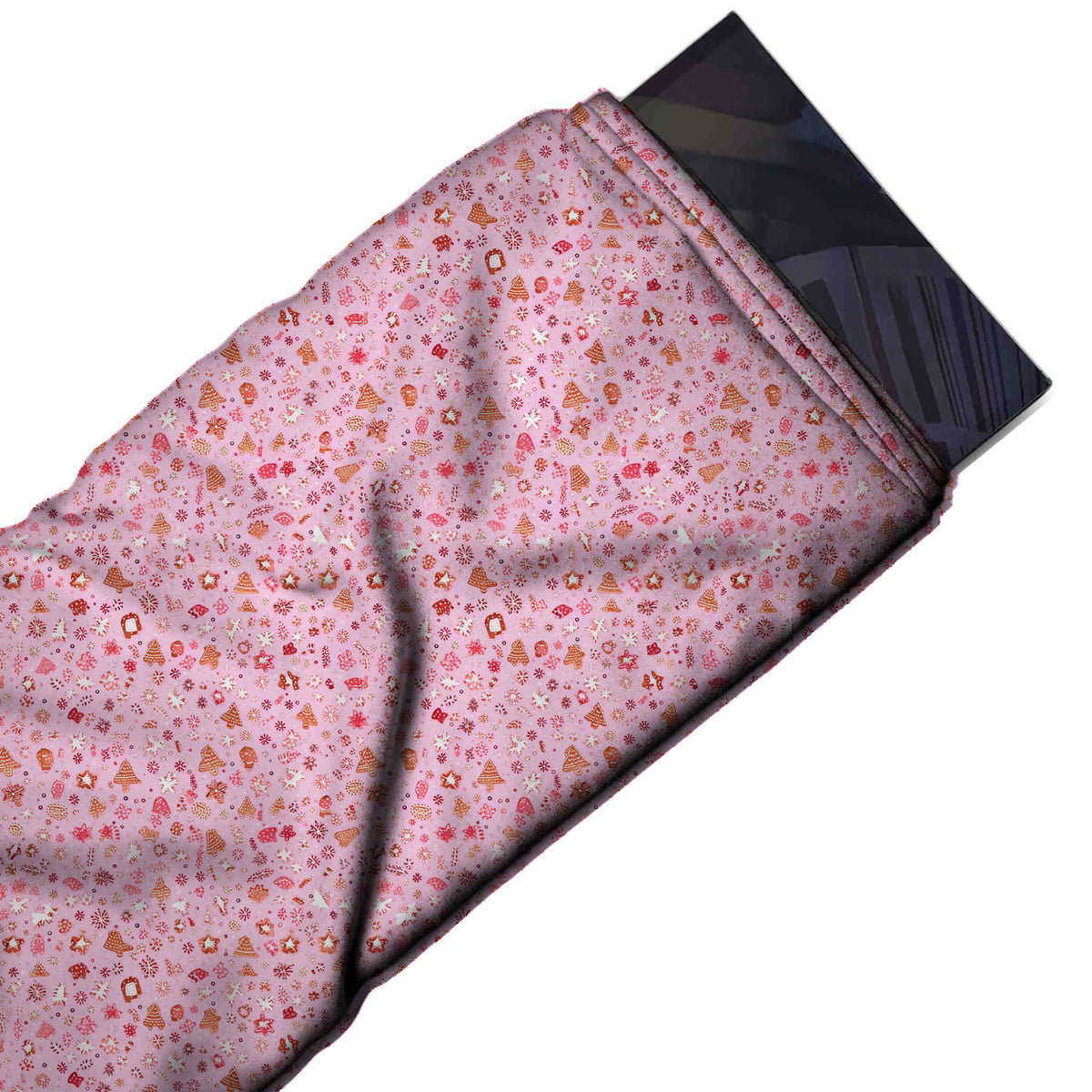 Flat fabric swatch: very small-scale tossed all-over scatter of tiny Christmas trees, design Design No_4892, Clothwala