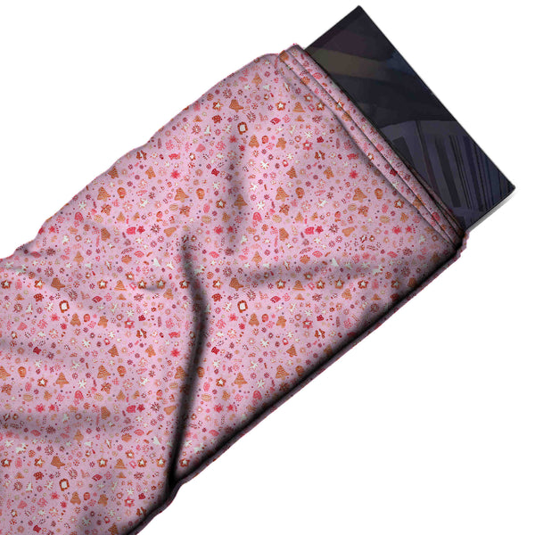 Light Pink & Coral Red Mini Tree & Star Toss Printed Viscose Muslin Fabric Fabric