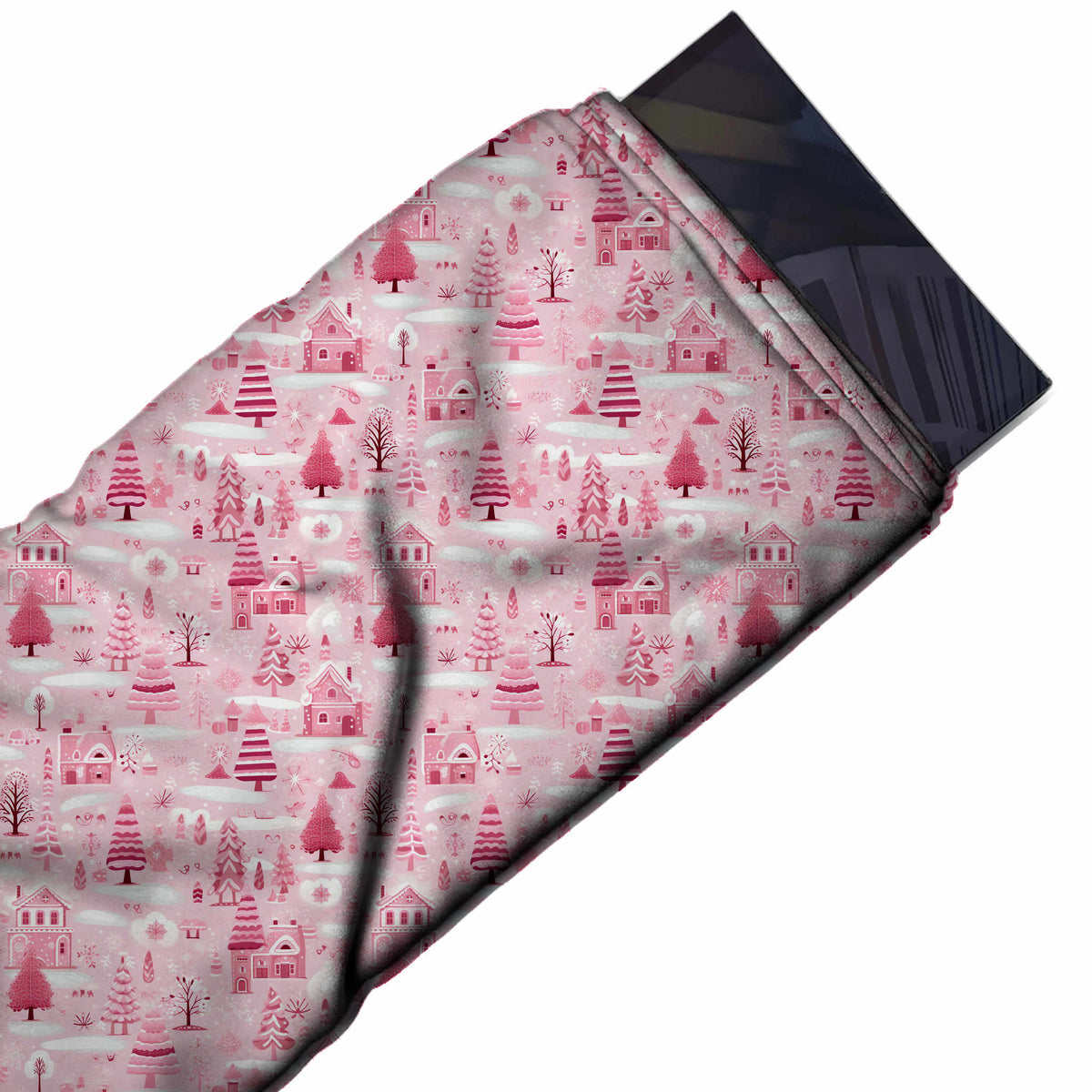 Flat fabric swatch: dense all-over one-way village print of tonal pink cottages, design Design No_4958, Clothwala