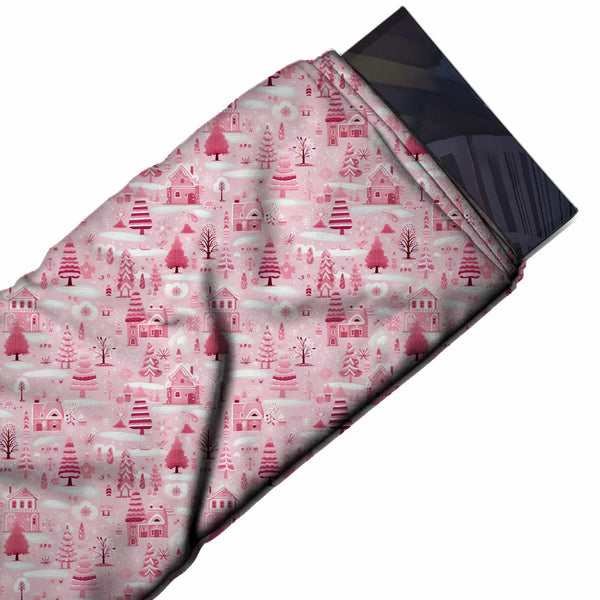 Light Pink & Deep Rose Cottages & Bare Trees Printed Viscose Muslin Fabric