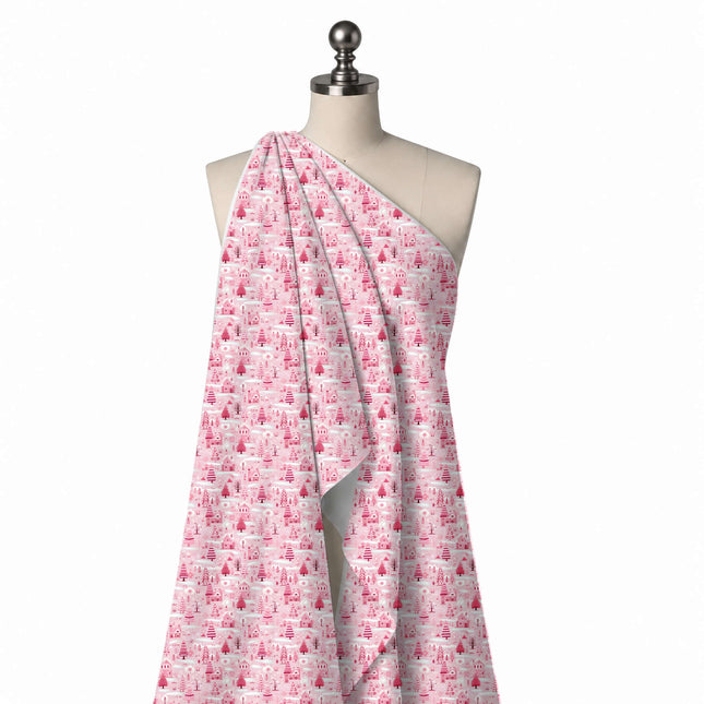 Draped on a mannequin: dense all-over one-way village print of tonal pink cottages, design Design No_4958, Clothwala