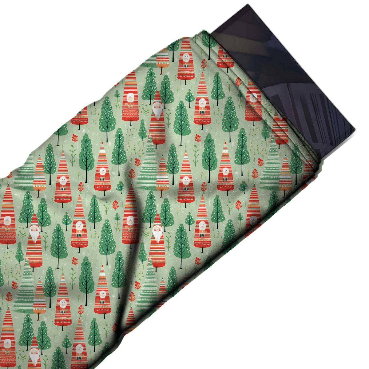 Flat fabric swatch: dense all-over one-way layout of small tall cone-shaped gnomes with, design Design No_4519, Clothwala