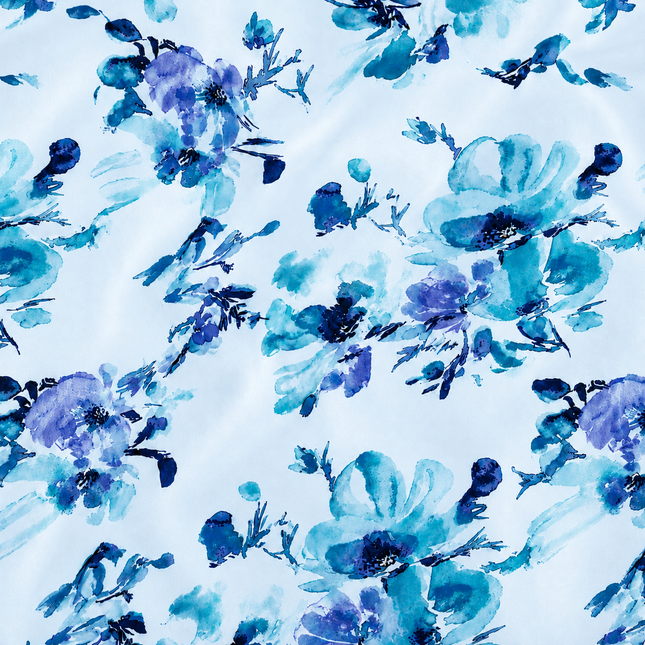 Light Sky Blue & Teal Blue Watercolor Floral Print Fabric — design 385US-VBCT/DS-92, Clothwala