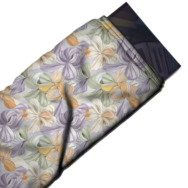 Flat fabric swatch: large-scale packed print of looping ribbon bows with fine contour, design Design No_4399, Clothwala