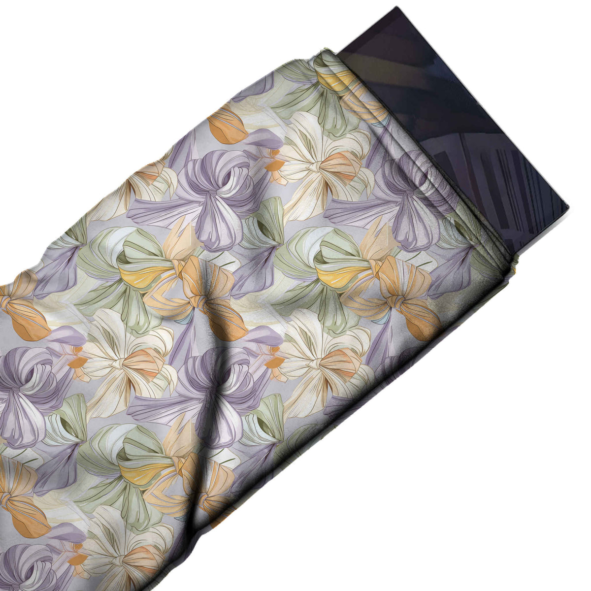 Flat fabric swatch: large-scale packed print of looping ribbon bows with fine contour, design Design No_4399, Clothwala