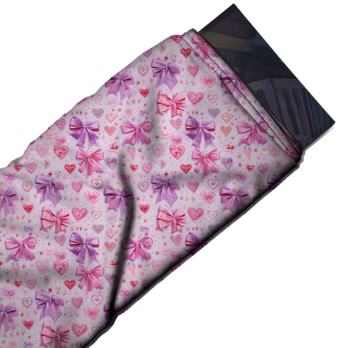 Flat fabric swatch: crowded small-scale print of shaded purple and pink satin bows with, design Design No_4468, Clothwala
