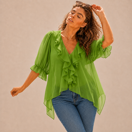 Lime Green Solid Color Georgette Fabric — design 1080A2O-SBGP	/ DS-157, Clothwala
