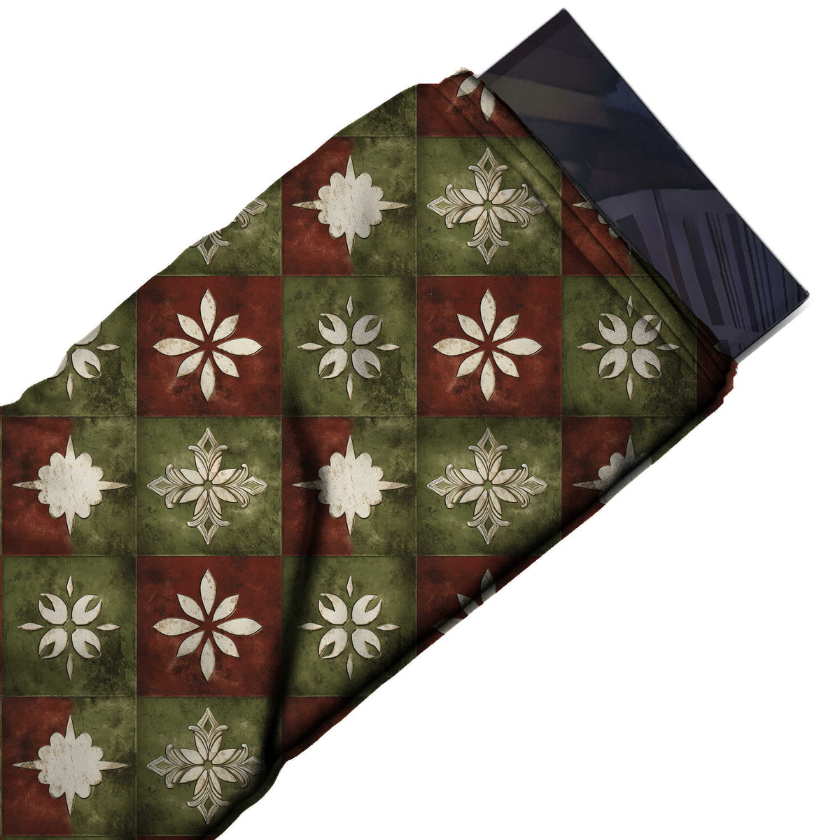 Flat fabric swatch: checkerboard of medium-scale mottled maroon and olive green squares, design Design No_4244, Clothwala