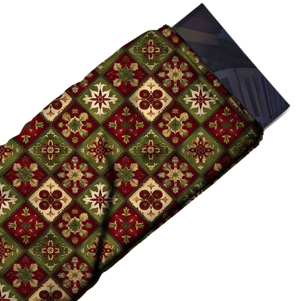 Maroon Red & Olive Green Rosette Diamond Tile Printed French Crepe Fabric