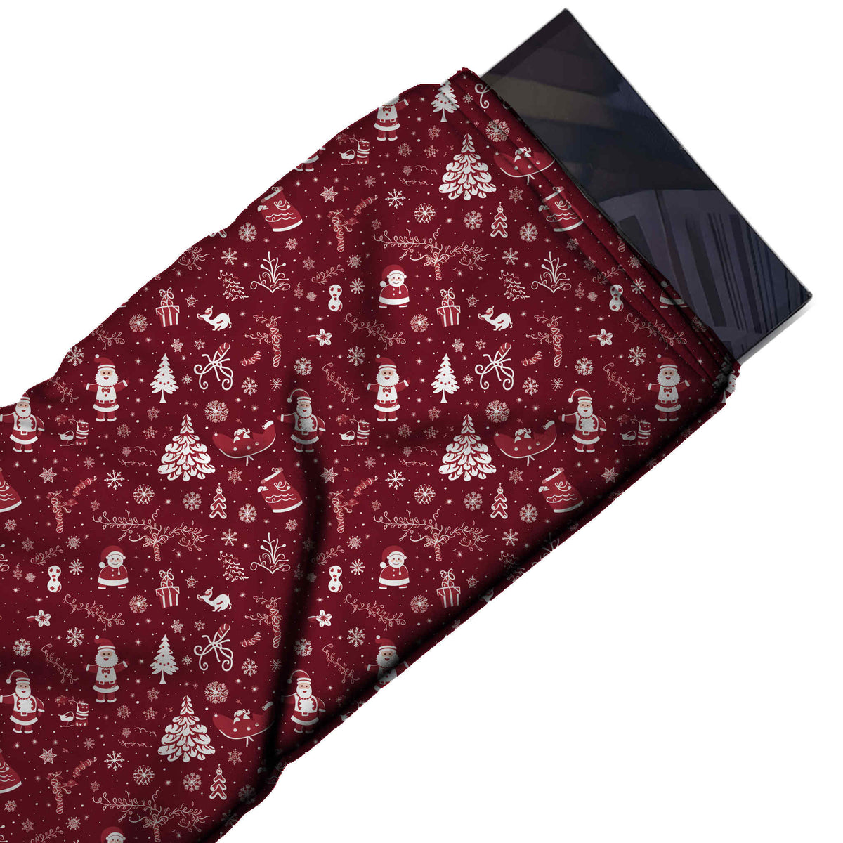 Flat fabric swatch: open scattered small-scale Christmas print of white Santas, design Design No_4593, Clothwala