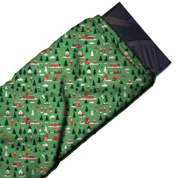 Mid Green & Dark Green Tiny Village & Pines Printed Printed American Crepe Fabric Fabric