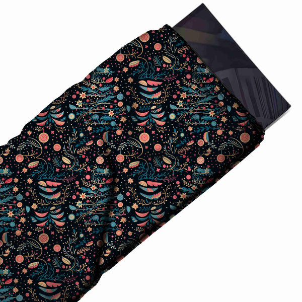 Midnight Black & Coral Discs & Fern Sprays Printed Viscose Muslin Fabric