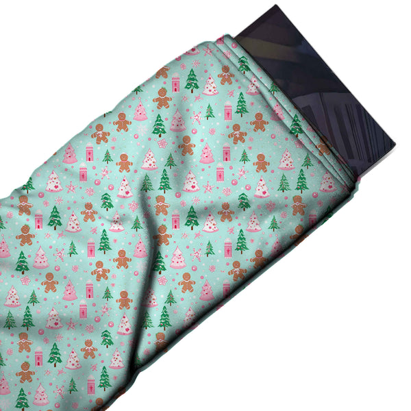 Mint Aqua & Pink Iced Trees & Gingerbread Printed Viscose Muslin Fabric