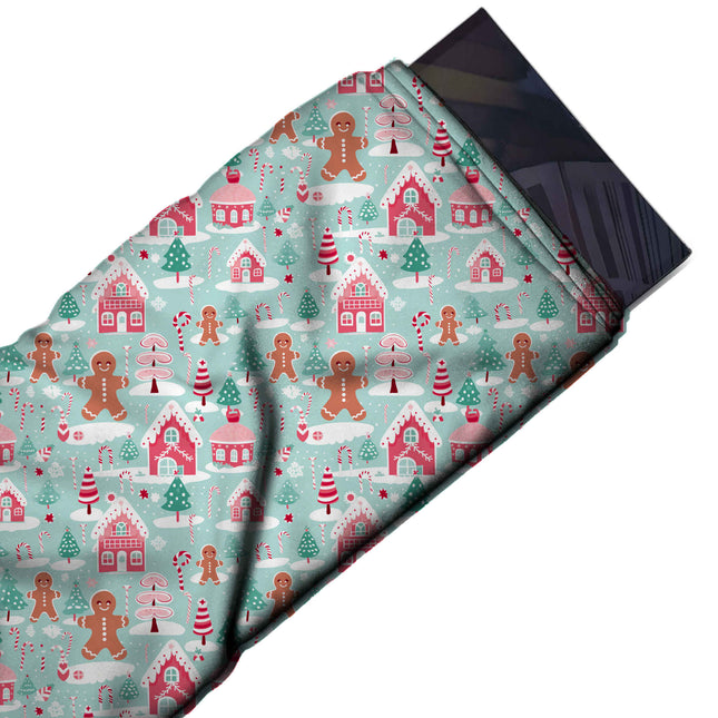 Flat fabric swatch: busy one-way festive print of flat-drawn coral pink houses with white, design Design No_4936, Clothwala