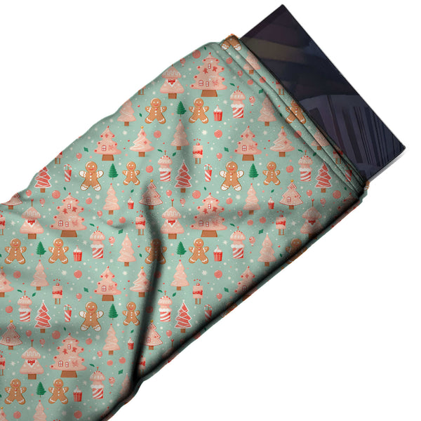 Mint Green & Peach Pink Gingerbread & Peppermint Trees Printed Printed American Crepe Fabric Fabric
