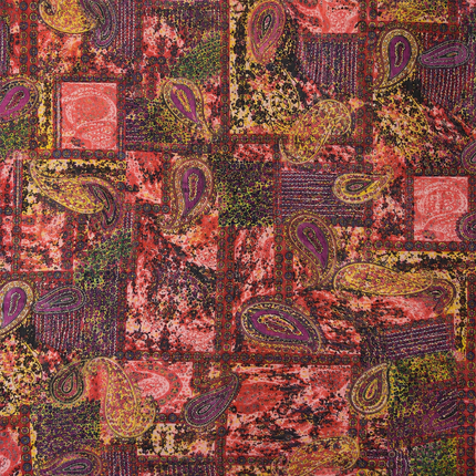 Multicolour Patchwork & Gold & Purple Paisley Patchwork Print Fabric — design 885C-ABJI/DS-486, Clothwala
