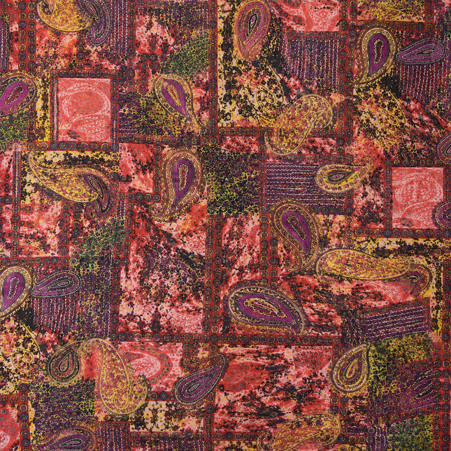 Multicolour Patchwork & Gold & Purple Paisley Patchwork Print Fabric — design 885C-ABJI/DS-486, Clothwala