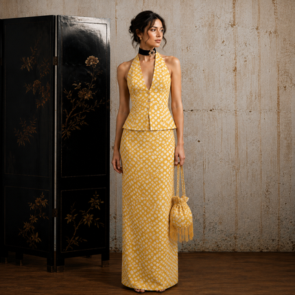 Mustard Yellow & Cream Irregular Dots Print Fabric — design 1440PMC-RSSC/DS-455, Clothwala
