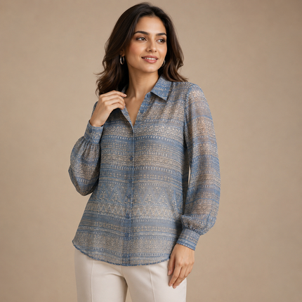 Muted Blue-Grey & Light Taupe Solid Poly Georgette Fabric — design 1563A48G-AGGP/DS-463, Clothwala