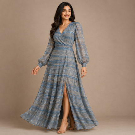 Muted Blue-Grey & Light Taupe Solid Poly Georgette Fabric — design 1563A48G-AGGP/DS-463, Clothwala