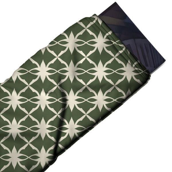 Muted Forest Green & Cream Star Ogee Trellis Printed French Crepe Fabric