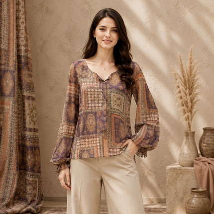 Muted Purple & Terracotta & Muted Purple Patchwork Paisley & Geometric Print Fabric — design 359AC-S/DS-465, Clothwala