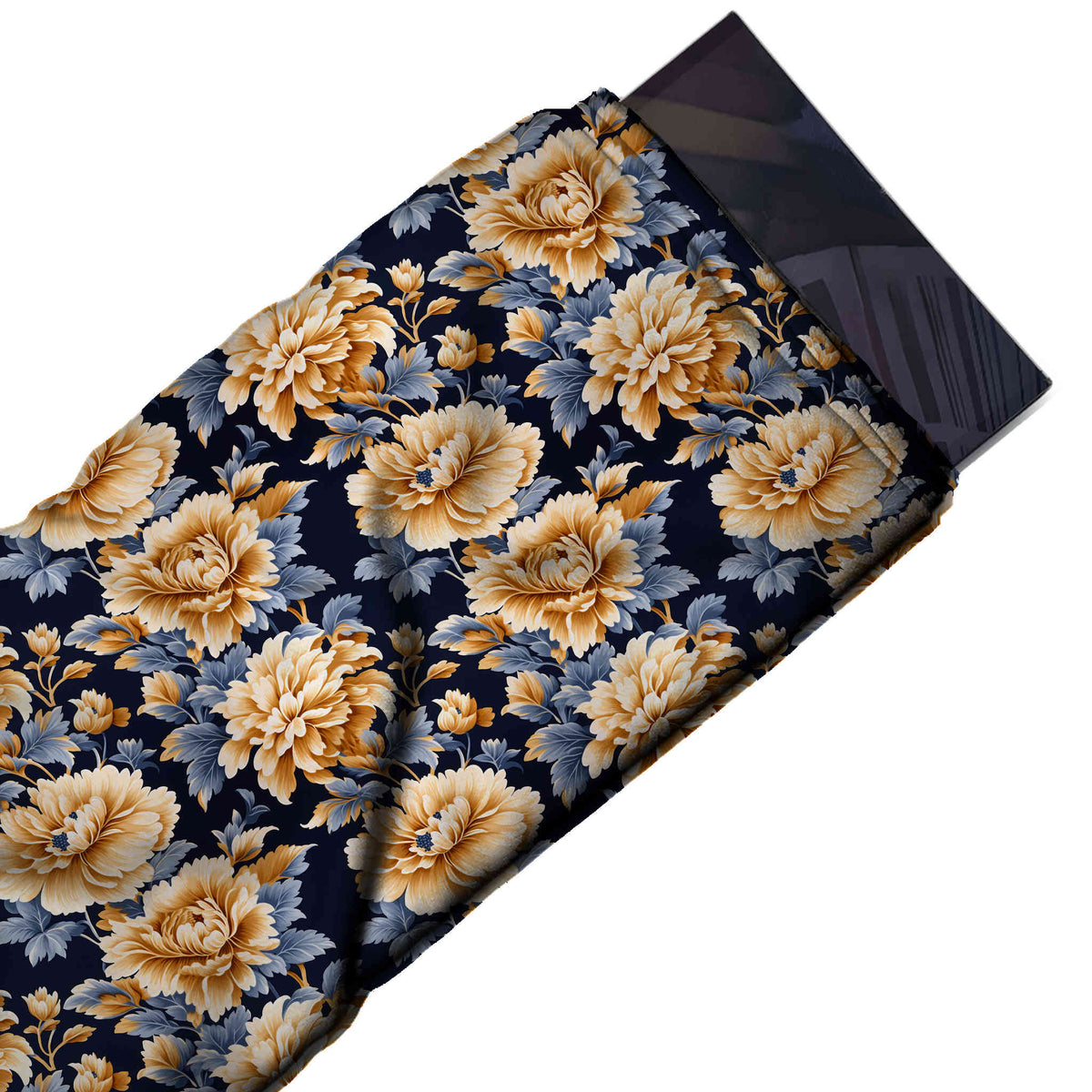 Navy & Apricot Peony & Buds Printed Moss Crepe Fabric - flat fabric swatch, design Design No_3771, Clothwala
