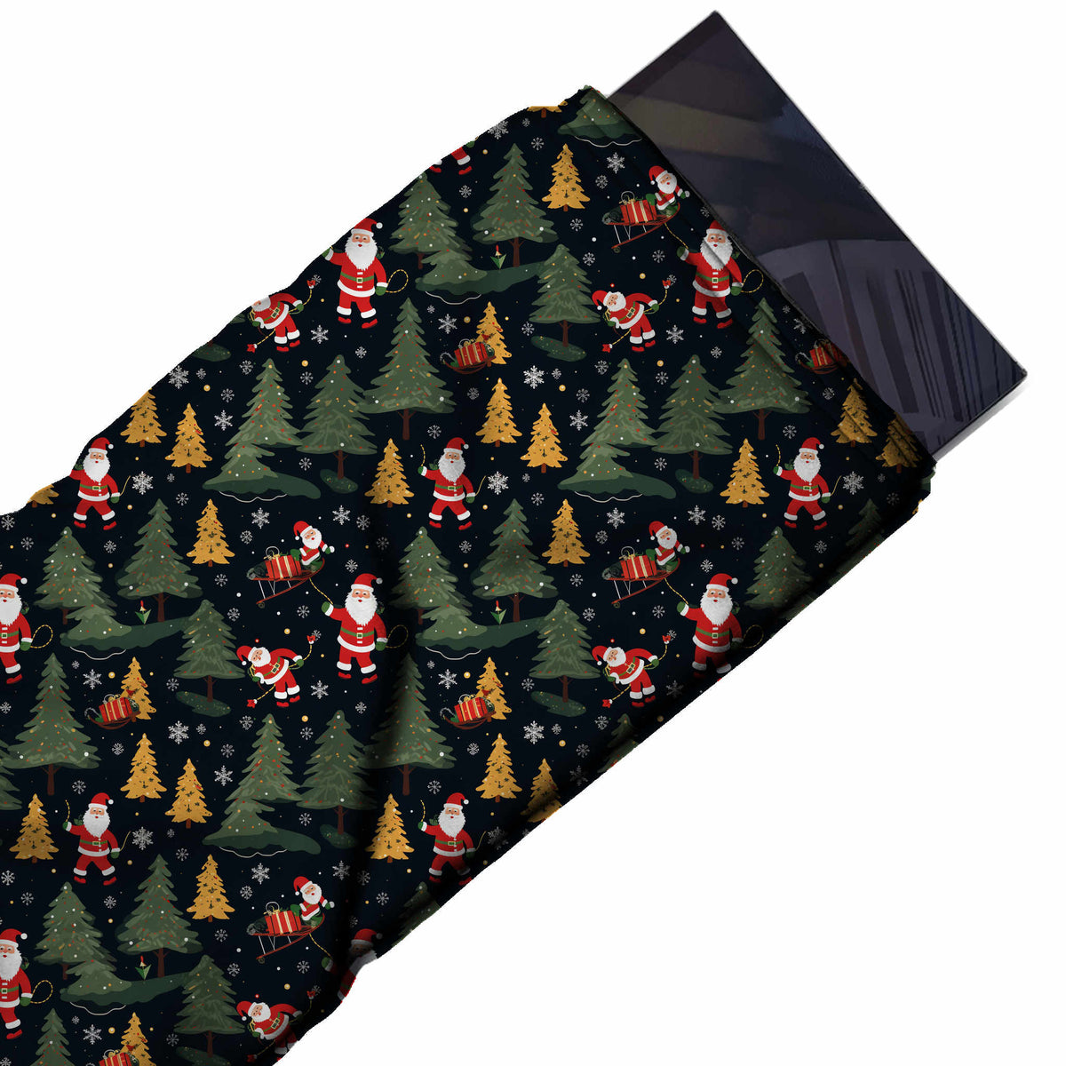Flat fabric swatch: one-way all-over layout of red-suited Santas, olive green fir trees, design Design No_4770, Clothwala