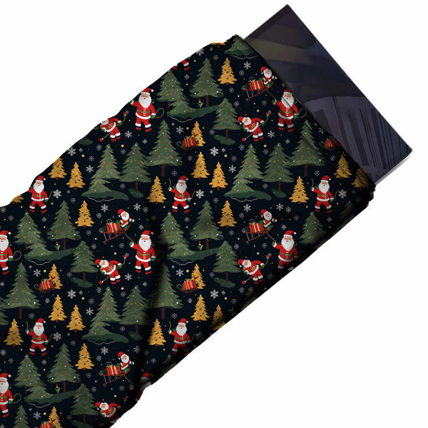 Navy Black & Olive Green Santa & Golden Trees Printed Printed American Crepe Fabric Fabric