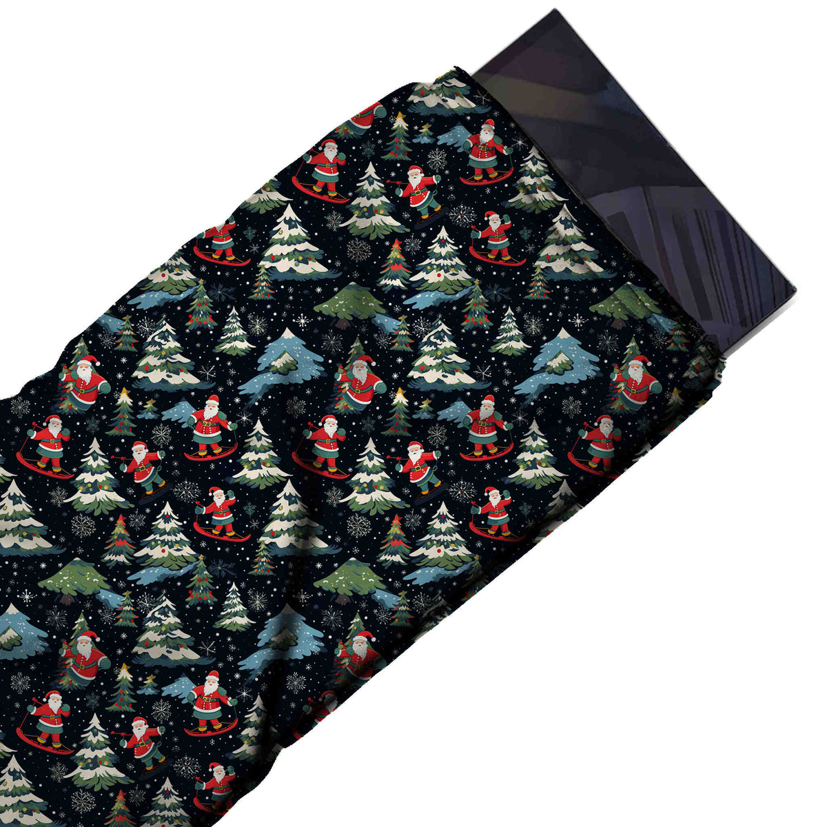 Flat fabric swatch: one-way all-over layout of small Santas riding red snowboards between, design Design No_4764, Clothwala