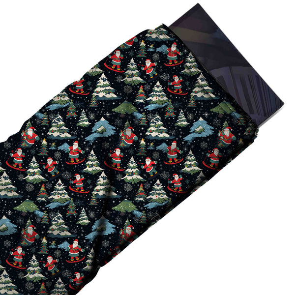 Navy Black & Red Santa Snowboard Slopes Printed Printed American Crepe Fabric Fabric