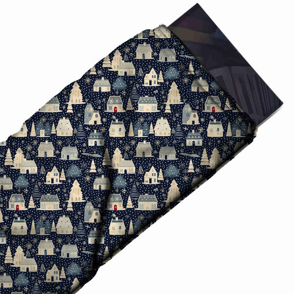 Navy Blue & Cream Houses Night Snow Printed Pure Natural Crepe Fabric