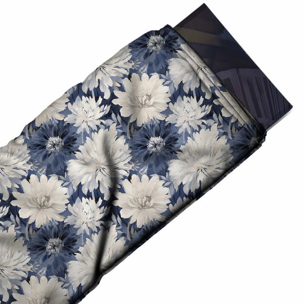 Navy Blue & Cream & Navy Dahlias Printed Moss Crepe Fabric