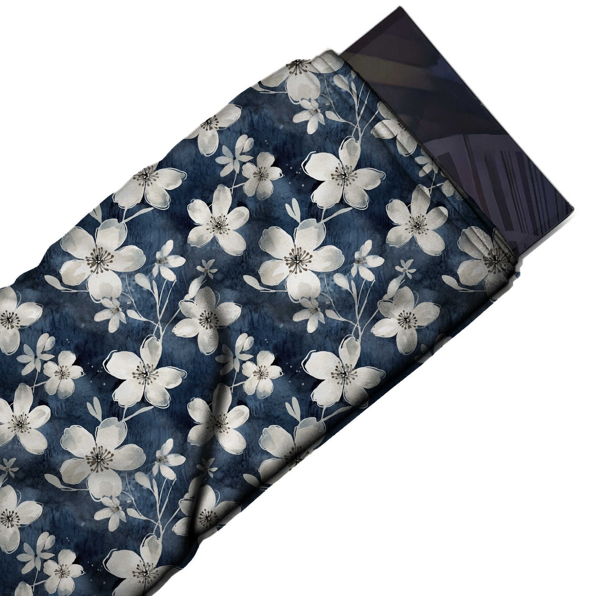 Flat fabric swatch: all-over floral of off white five-petal blossoms with dark stamen centres, design 3541, Clothwala