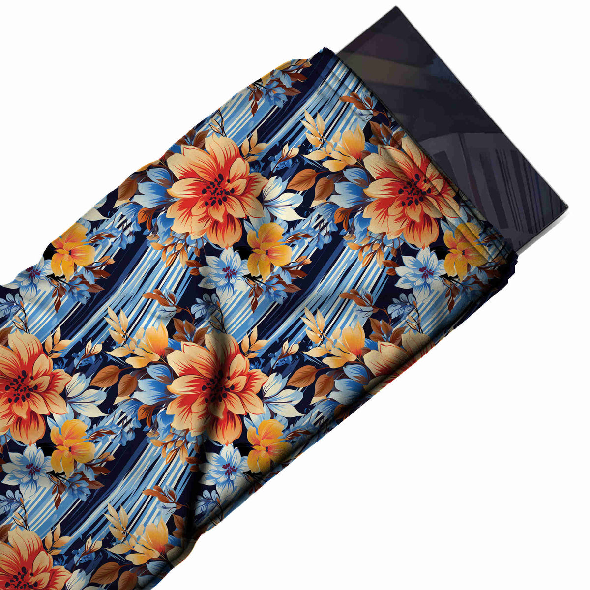 Flat fabric swatch: all-over medium-to-large floral of shaded orange and coral dahlia-type, design Design No_4290, Clothwala