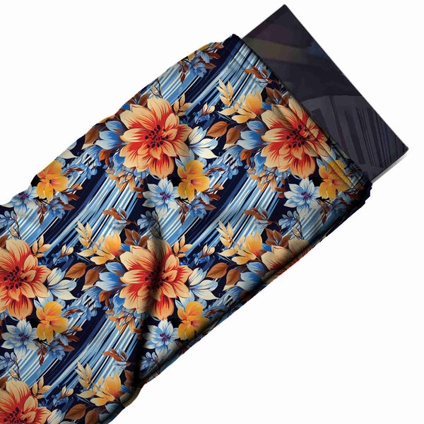 Navy Blue & Orange Dahlia & Diagonal Stripe Printed Pure Natural Crepe Fabric