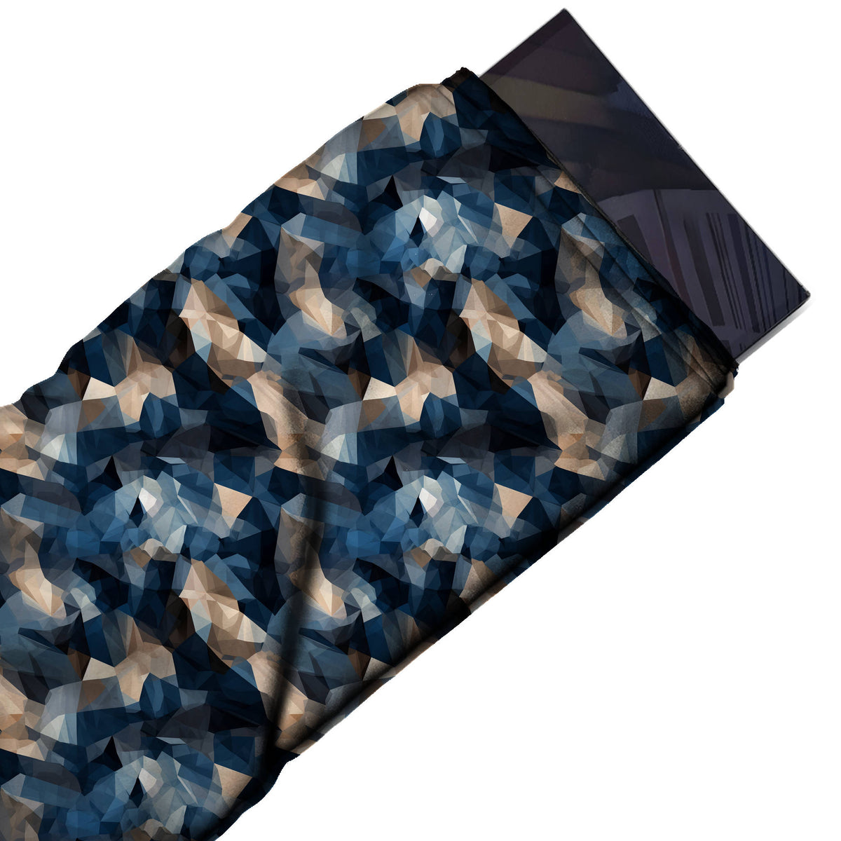 Flat fabric swatch: dense all-over low-poly geometric on a dark base, design 3520, Clothwala