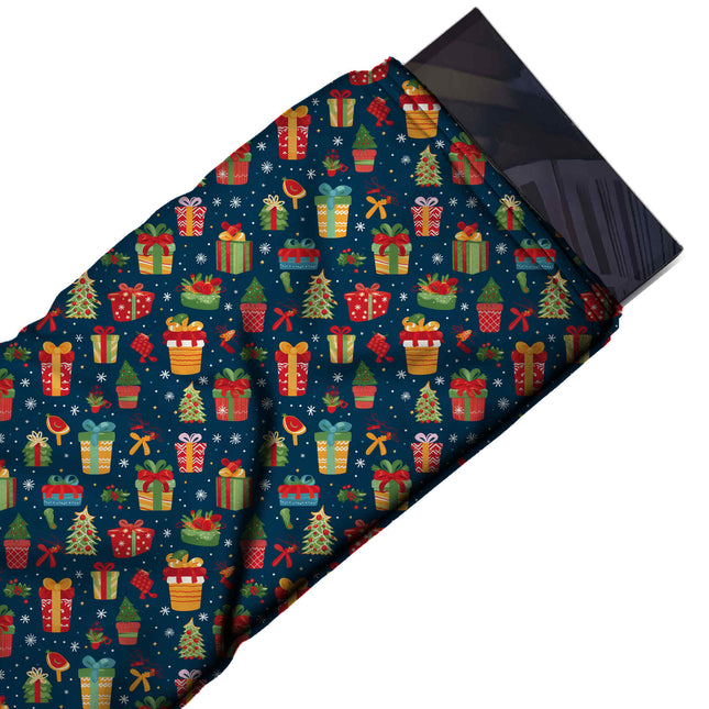 Flat fabric swatch: dense one-way all-over print of small wrapped presents in red, design Design No_4680, Clothwala