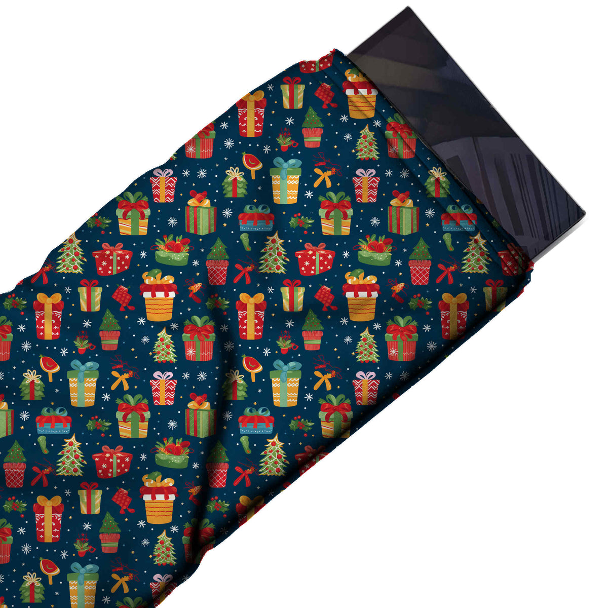Flat fabric swatch: dense one-way all-over print of small wrapped presents in red, design Design No_4680, Clothwala