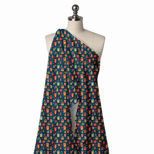 Draped on a mannequin: dense one-way all-over print of small wrapped presents in red, design Design No_4680, Clothwala