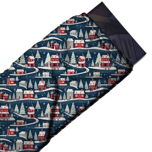 Flat fabric swatch: one-way all-over scenic print of small red houses with white, design Design No_4658, Clothwala