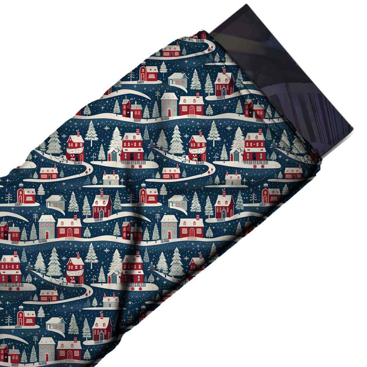 Flat fabric swatch: one-way all-over scenic print of small red houses with white, design Design No_4658, Clothwala