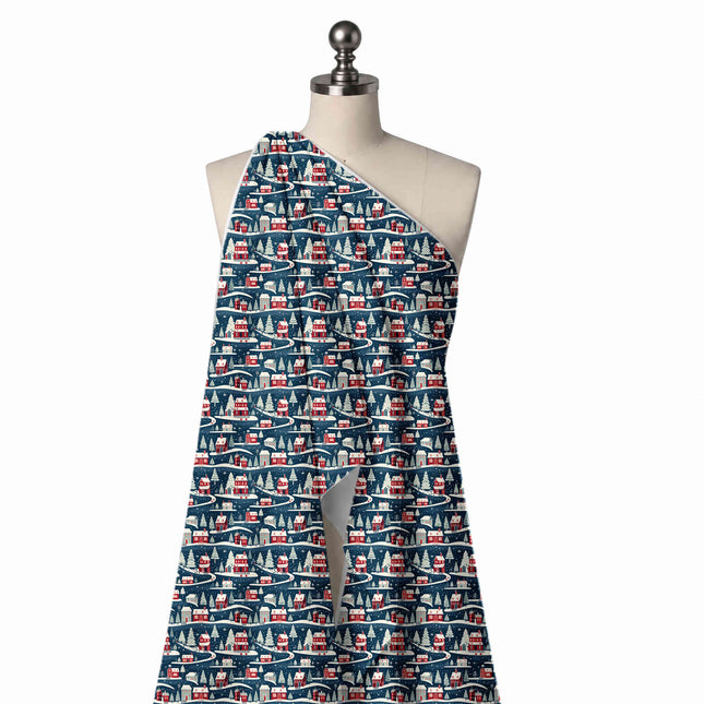 Draped on a mannequin: one-way all-over scenic print of small red houses with white, design Design No_4658, Clothwala