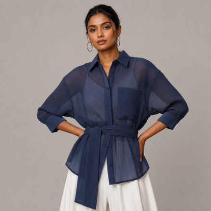 Navy Blue Solid Poly Chiffon Fabric — design DS-47, Clothwala