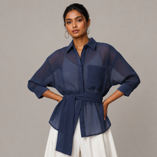 Navy Blue Solid Poly Chiffon Fabric — design DS-47, Clothwala
