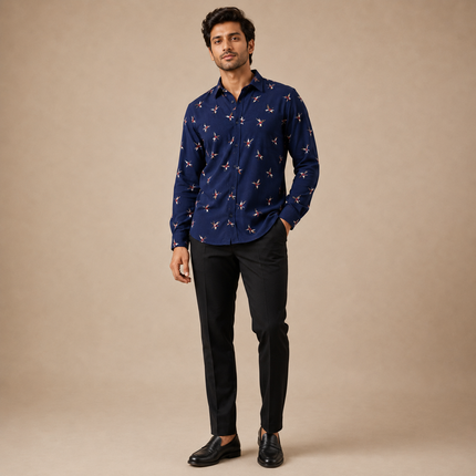 Navy Blue & White & Red Flying Birds Print Fabric — design 1450AC-AGGP/DS-172, Clothwala