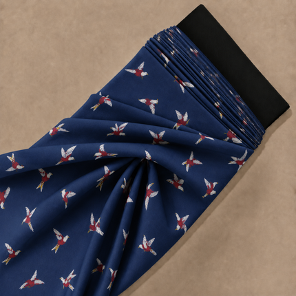 Navy Blue & White & Red Flying Birds Print Fabric — design 1450AC-AGGP/DS-172, Clothwala