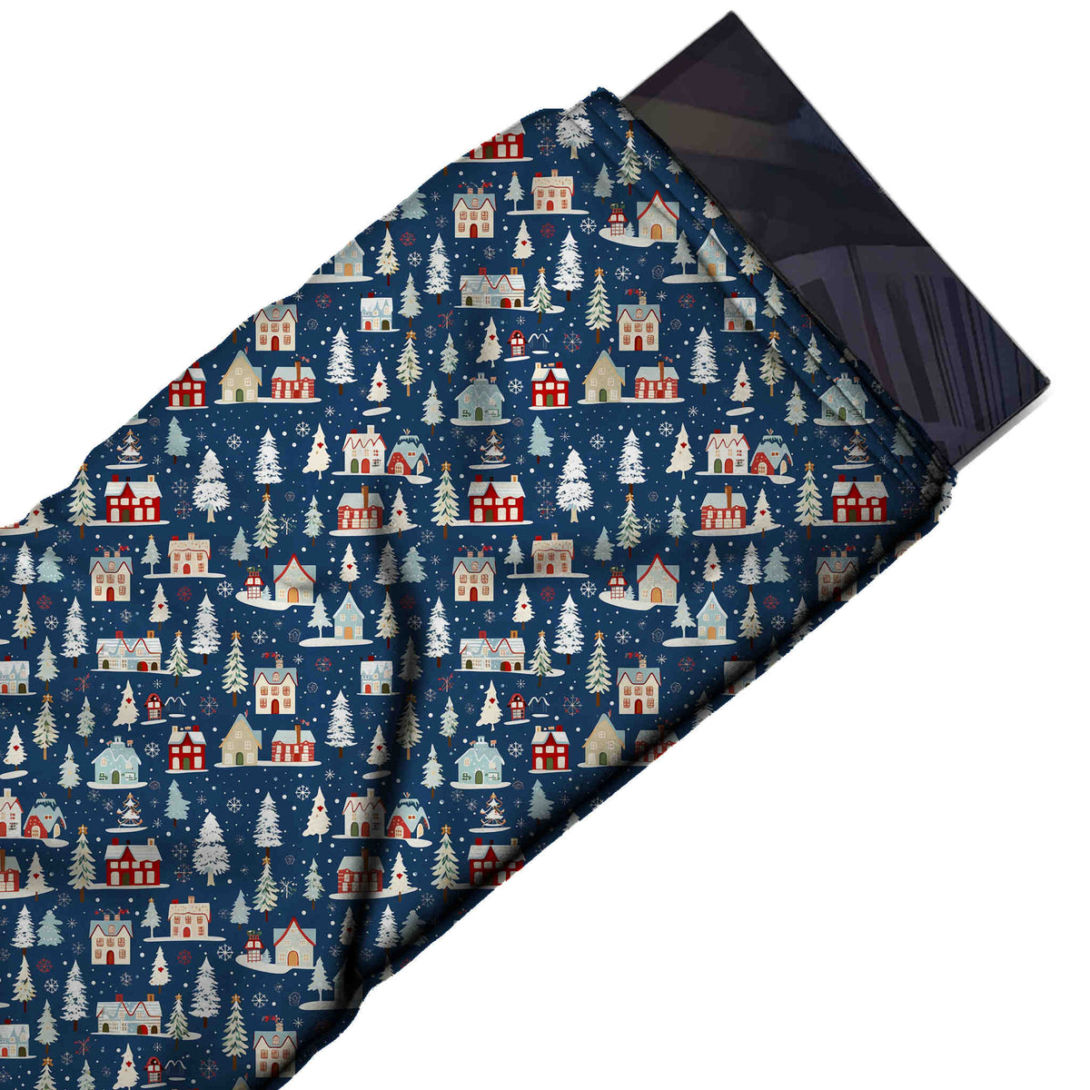 Flat fabric swatch: one-way all-over print of small flat-drawn houses in red, peach, design Design No_4646, Clothwala