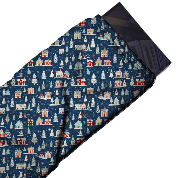 Navy Blue & White Village & Firs Printed Pure Natural Crepe Fabric